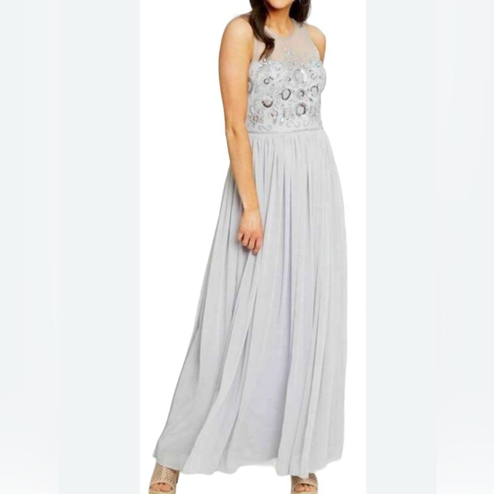 ALTAR'D STATE GREY VUSEN BEADED SEQUIN EMBELLISHED MESH MAXI DRESS Size SMALL)